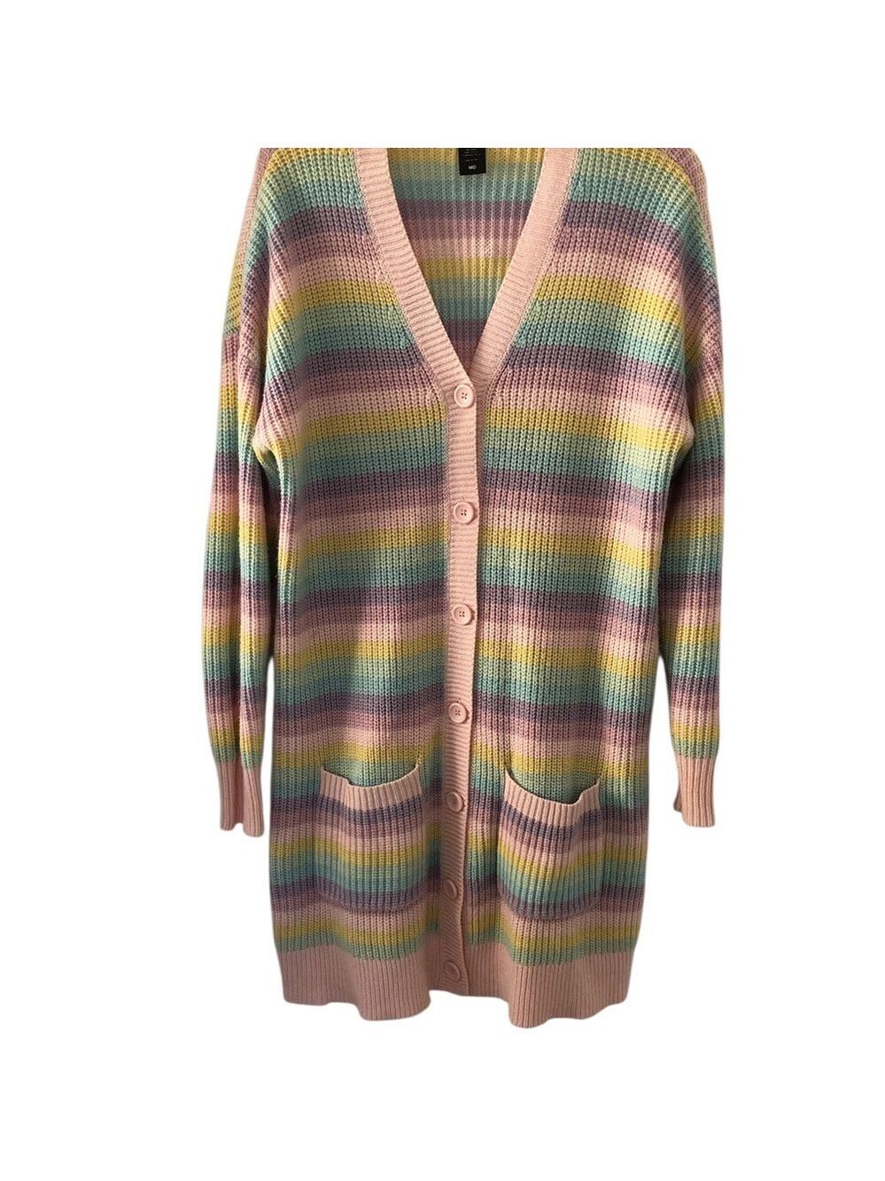 Hot Topic Pastel Striped Longline Knit Pastel Rainbow Cardigan Cozy Y2K Size M